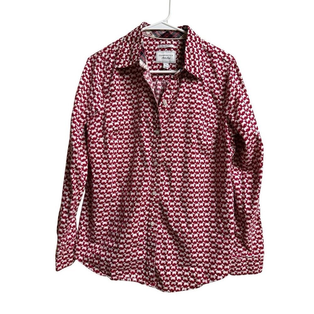 Charter Club Scottie Dog Print Button Shirt Women 8 Red Cotton Relaxed